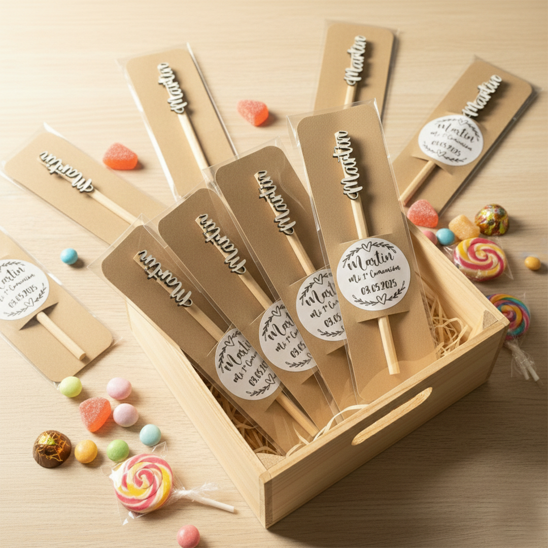 lápiz personalizado de madera con nombre troquelado y tarjeta para comunión