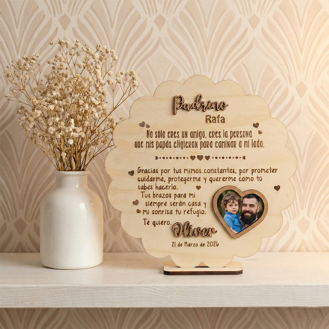 Placa para padrino con foto personalizada en madera con nombre y dedicatoria